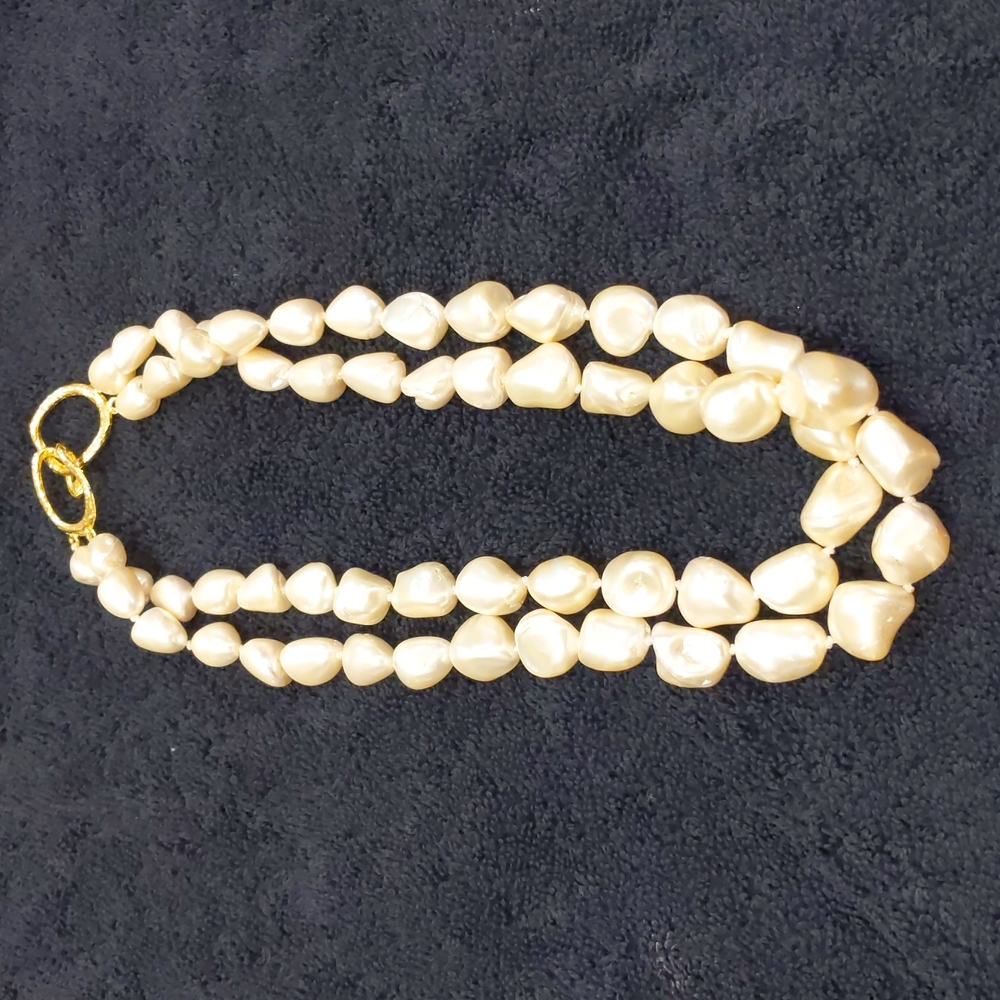 Cultured Ivory Fresh Water Double Strain String Pearl Necklace Gold Clasp